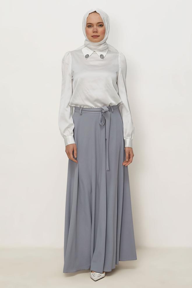 Hijab-Kleidung GRAU GLOCKENROCK MIT GÜRTEL 60760 - ALVİNA