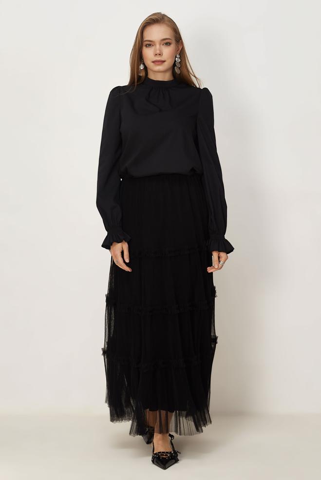 Vêtements hijab NOIR JUPE EN TULLE À TAILLE ÉLASTIQUE 60764 - ALVİNA