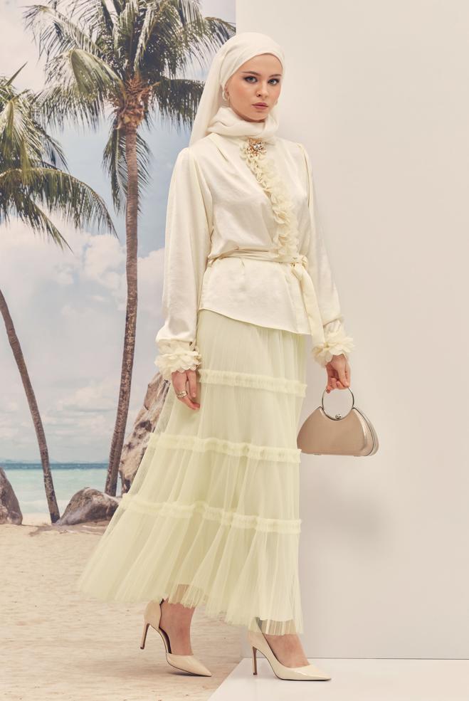 Hijab clothing WHITE ELASTIC WAIST TULLE SKIRT 60764 - ALVİNA