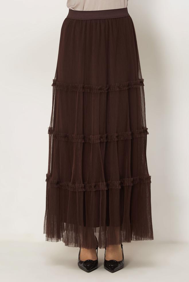Vêtements hijab BRUN JUPE EN TULLE À TAILLE ÉLASTIQUE 60764 - ALVİNA