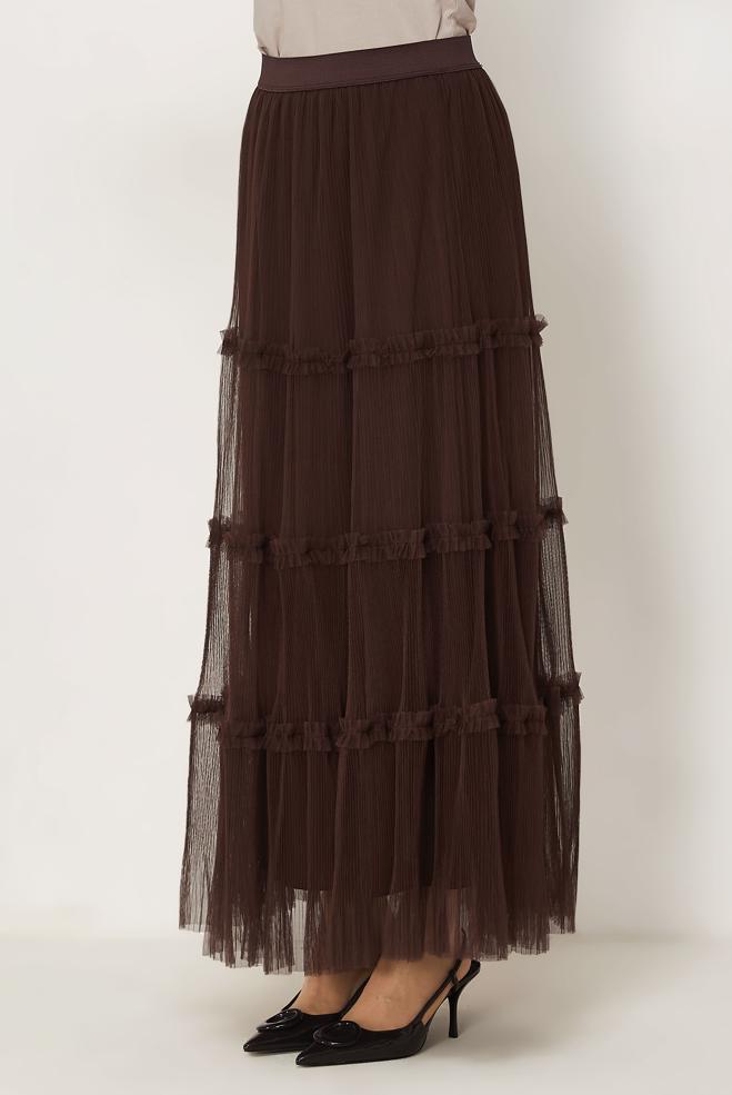Vêtements hijab BRUN JUPE EN TULLE À TAILLE ÉLASTIQUE 60764 - ALVİNA