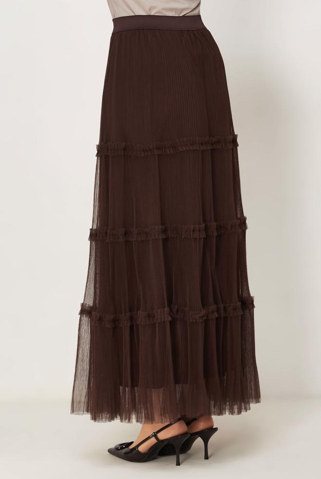 Vêtements hijab BRUN JUPE EN TULLE À TAILLE ÉLASTIQUE 60764 - ALVİNA
