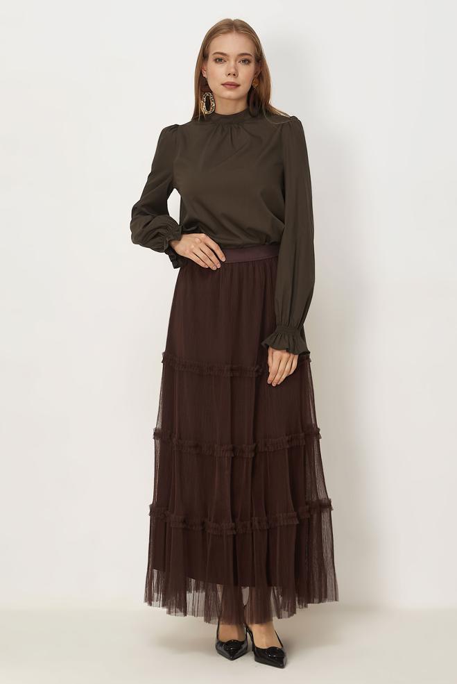 Vêtements hijab BRUN JUPE EN TULLE À TAILLE ÉLASTIQUE 60764 - ALVİNA