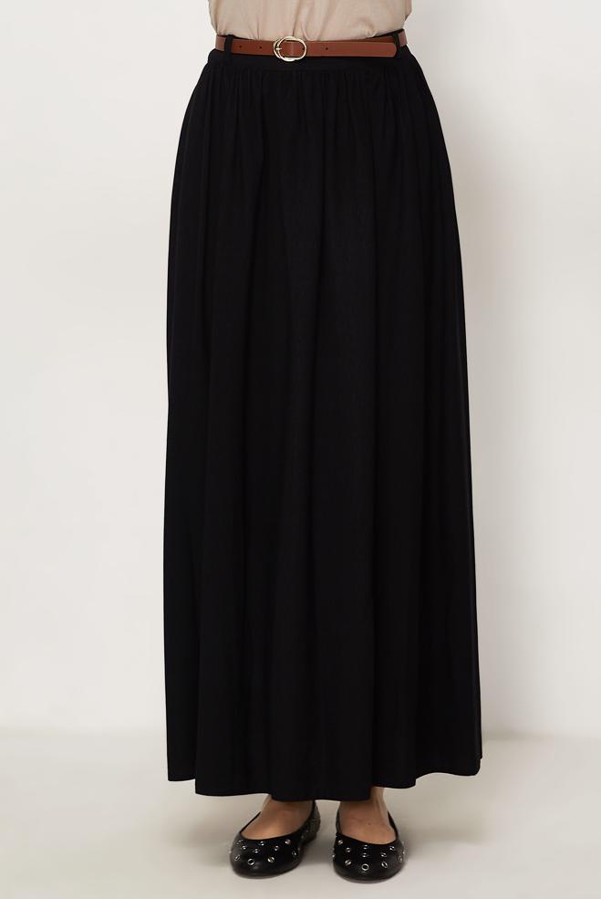 Hijab clothing BLACK BELTED LINEN EFFECT SKIRT 60767 - ALVİNA