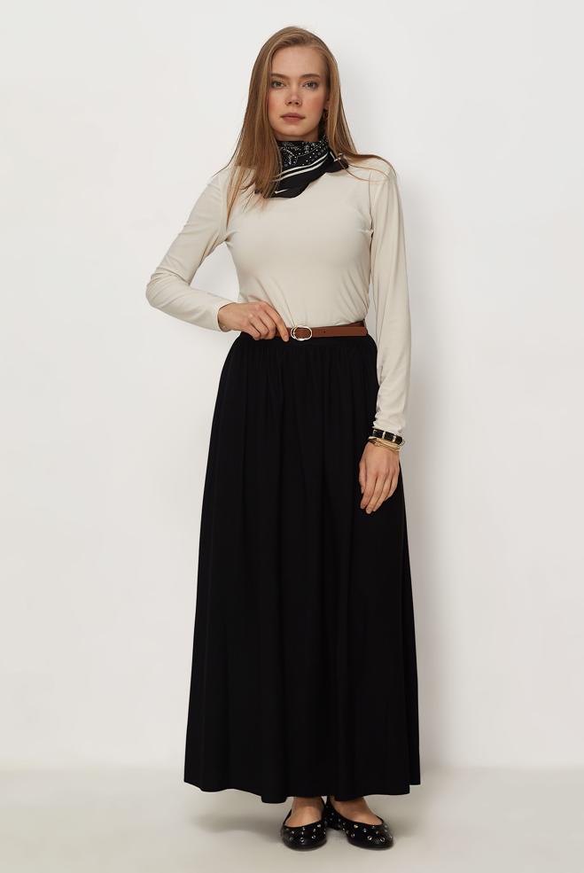 Hijab clothing BLACK BELTED LINEN EFFECT SKIRT 60767 - ALVİNA