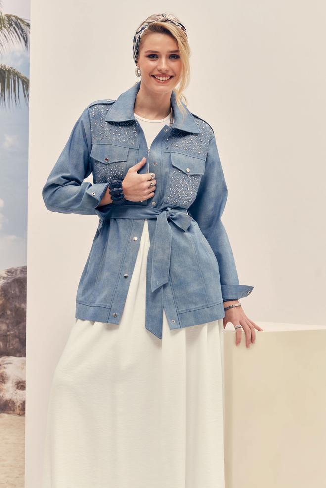 Hijab clothing WHITE BELTED LINEN EFFECT SKIRT 60767 - ALVİNA