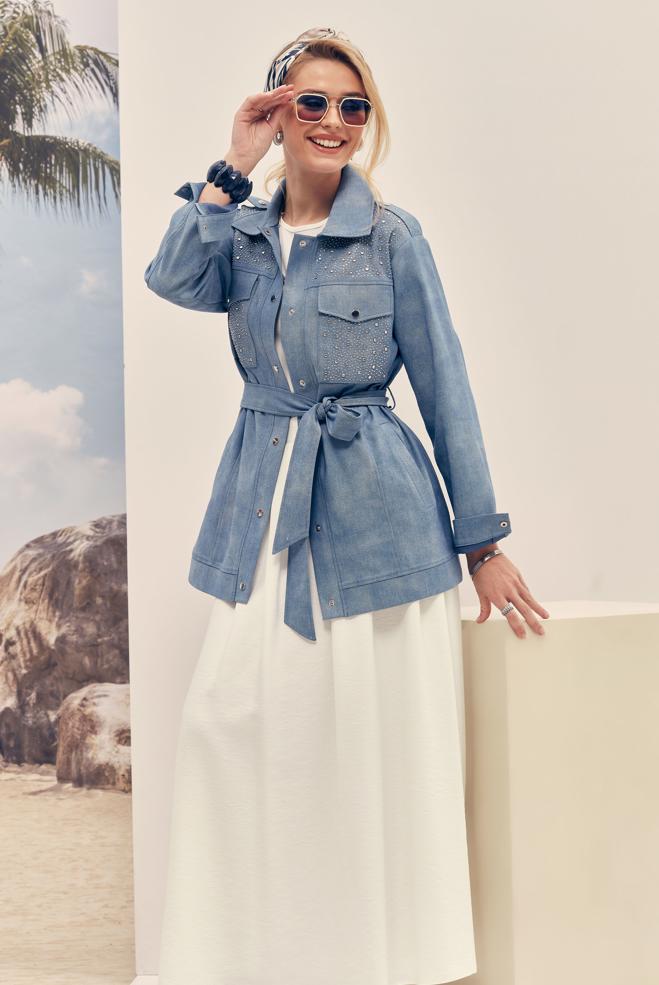 Hijab clothing WHITE BELTED LINEN EFFECT SKIRT 60767 - ALVİNA
