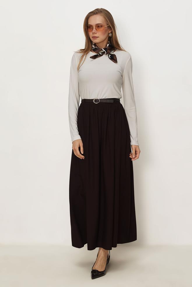 Hijab clothing BROWN BELTED LINEN EFFECT SKIRT 60767 - ALVİNA