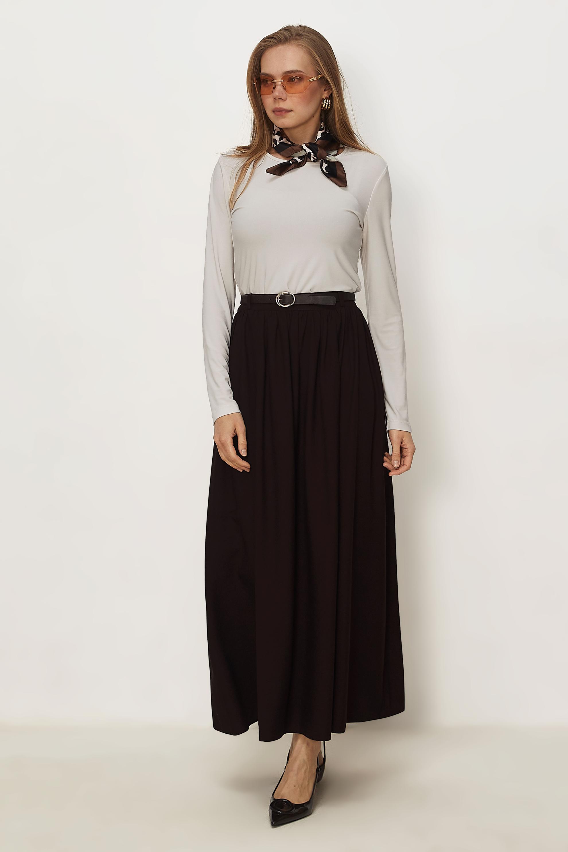 Hijab clothing BROWN BELTED LINEN EFFECT SKIRT 60767