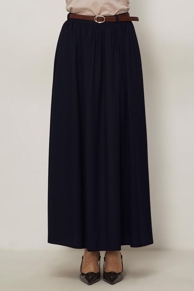 Hijab clothing NAVY BLUE BELTED LINEN EFFECT SKIRT 60767 - ALVİNA