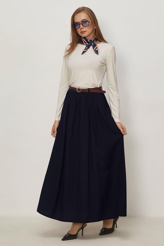 Hijab clothing NAVY BLUE BELTED LINEN EFFECT SKIRT 60767 - ALVİNA
