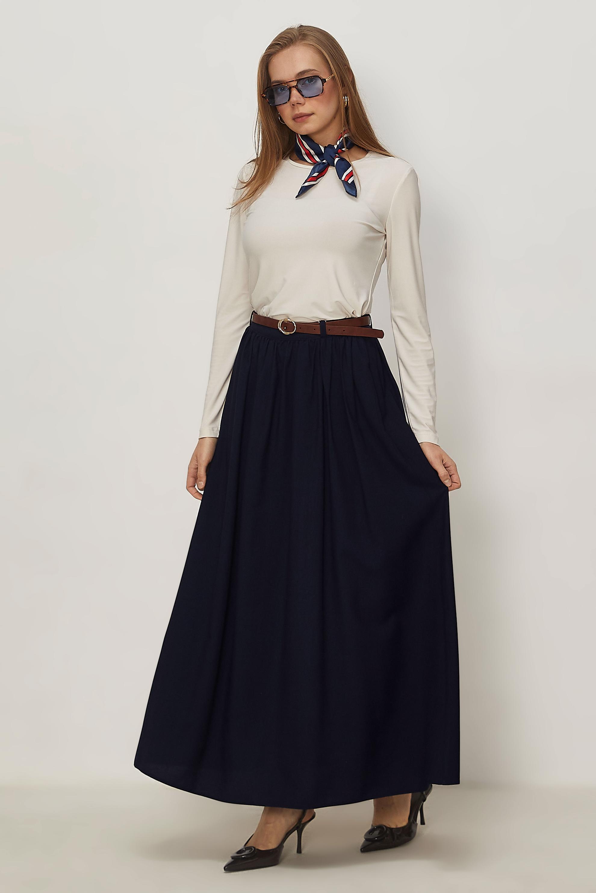Hijab clothing NAVY BLUE BELTED LINEN EFFECT SKIRT 60767