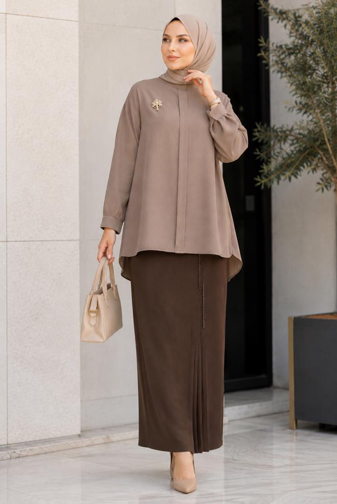 Vêtements hijab BRUN JUPE EN CRÊPE BRODÉE DE PERLES 60771 - ALVİNA