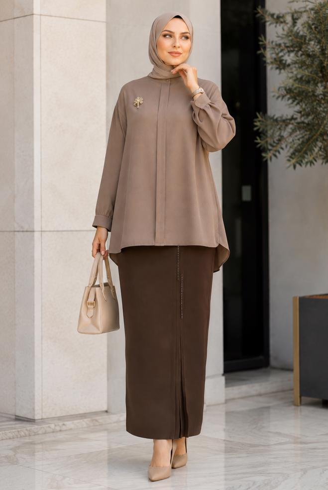Vêtements hijab BRUN JUPE EN CRÊPE BRODÉE DE PERLES 60771 - ALVİNA
