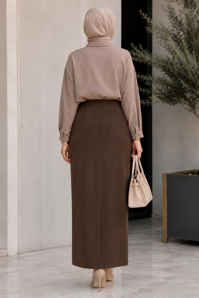 Vêtements hijab BRUN JUPE EN CRÊPE BRODÉE DE PERLES 60771 - ALVİNA