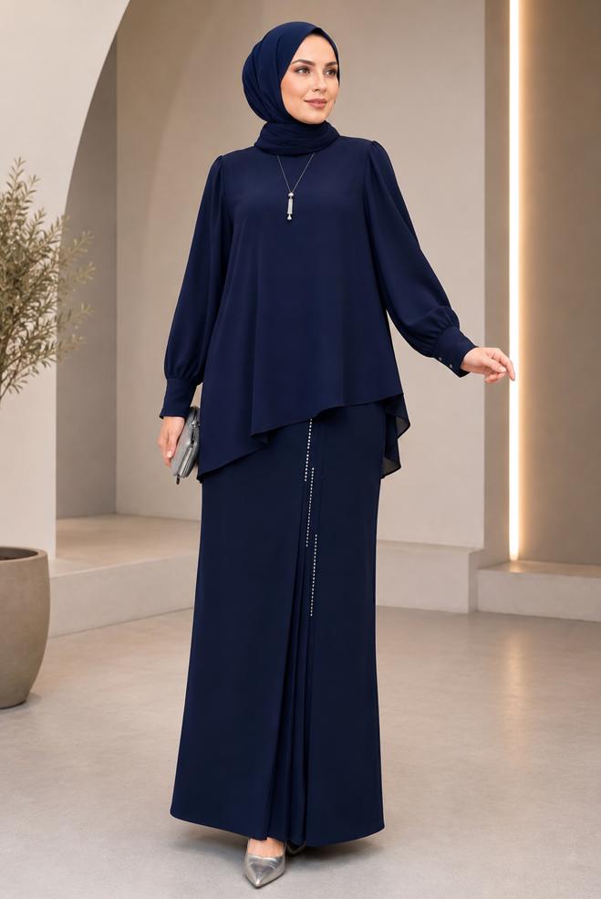 Vêtements hijab BLEU MARINE JUPE EN CRÊPE BRODÉE DE PERLES 60771 - ALVİNA