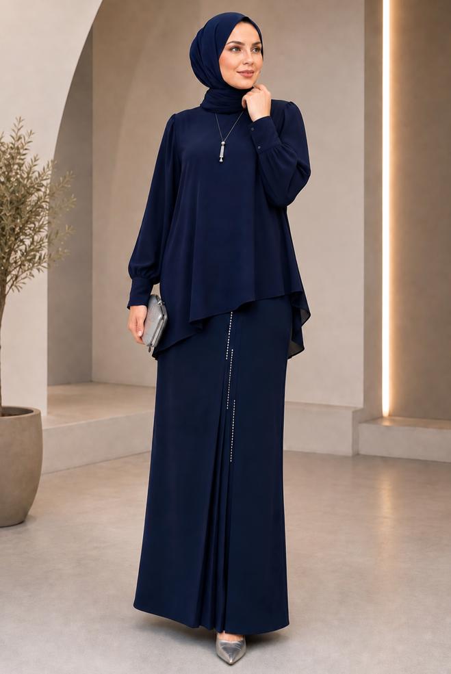 Vêtements hijab BLEU MARINE JUPE EN CRÊPE BRODÉE DE PERLES 60771 - ALVİNA