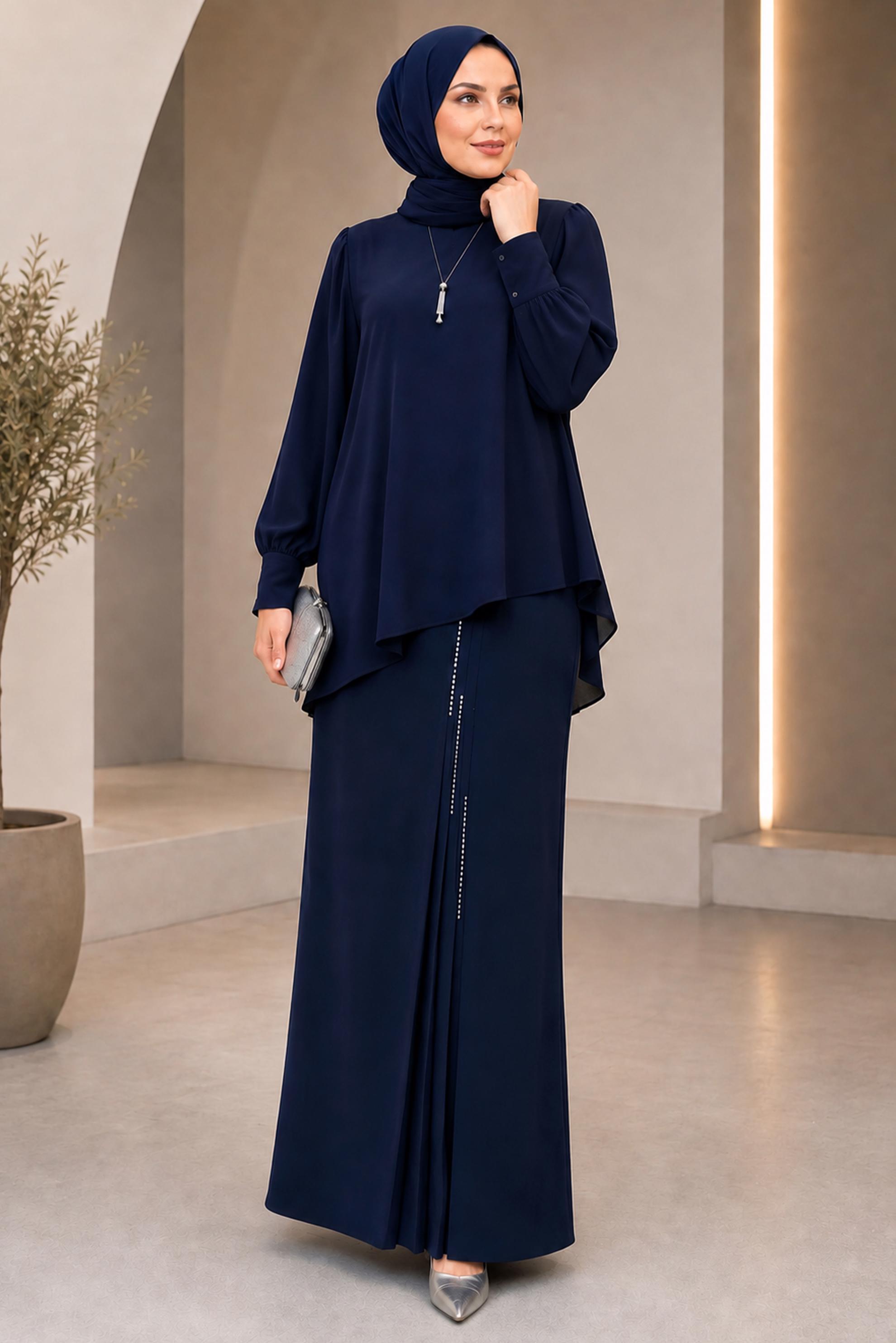 Vêtements hijab BLEU MARINE JUPE EN CRÊPE BRODÉE DE PERLES 60771
