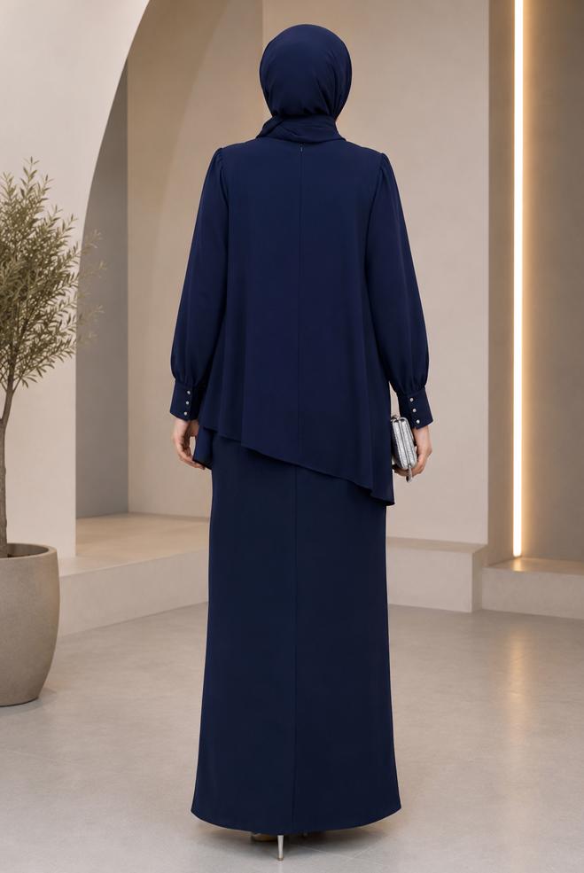Vêtements hijab BLEU MARINE JUPE EN CRÊPE BRODÉE DE PERLES 60771 - ALVİNA