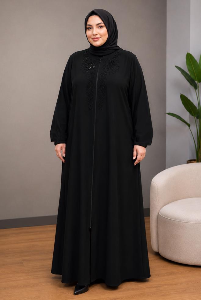 Tesettür giyim SİYAH İŞLEME VE BONCUK DETAYLI FERACE 80153 - ALVİNA