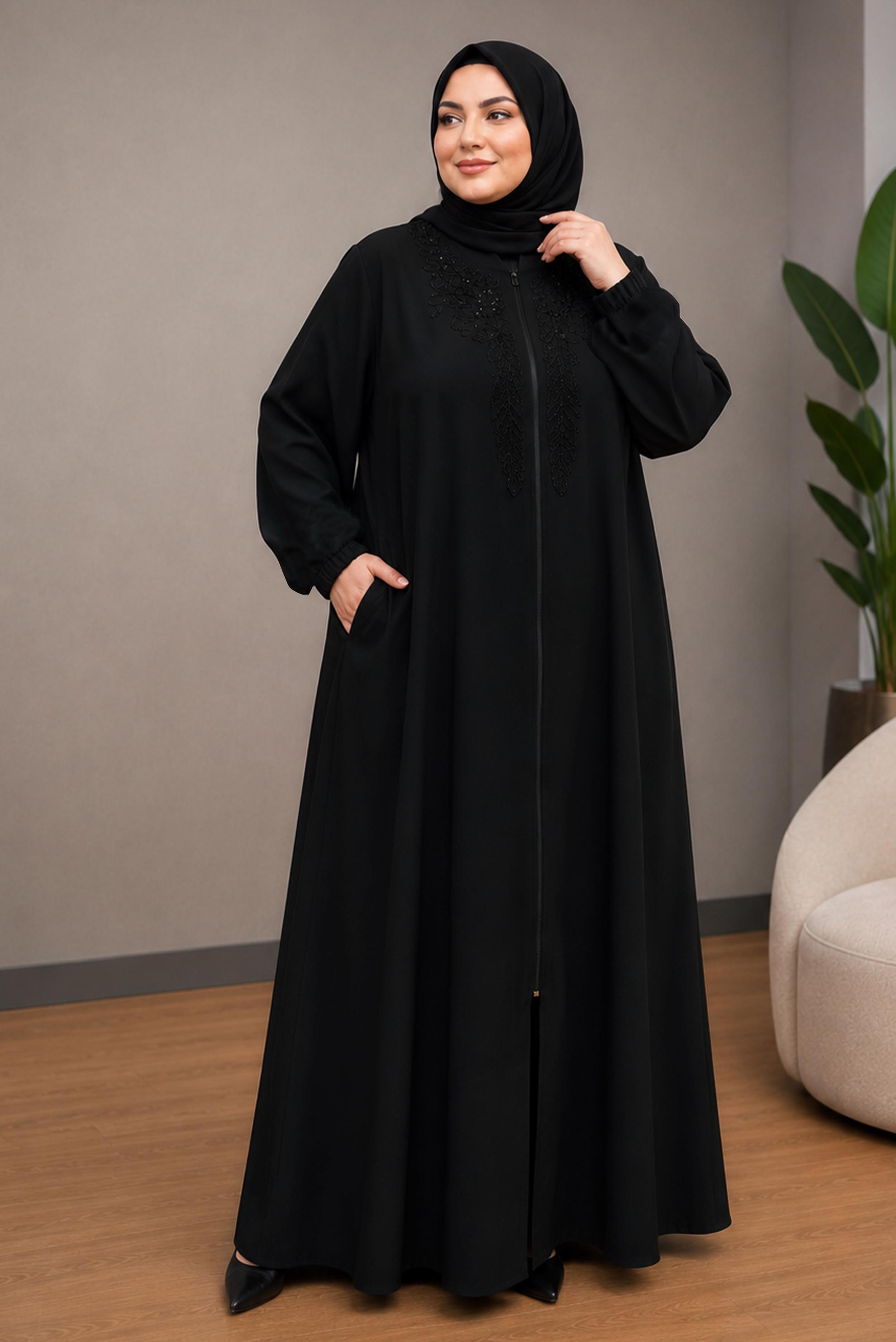 Tesettür giyim SİYAH İŞLEME VE BONCUK DETAYLI FERACE 80153