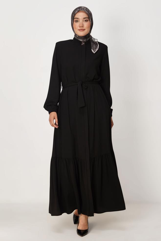 Hijab-Kleidung SCHWARZ ABAYA MIT GÜRTEL 80159 - ALVİNA