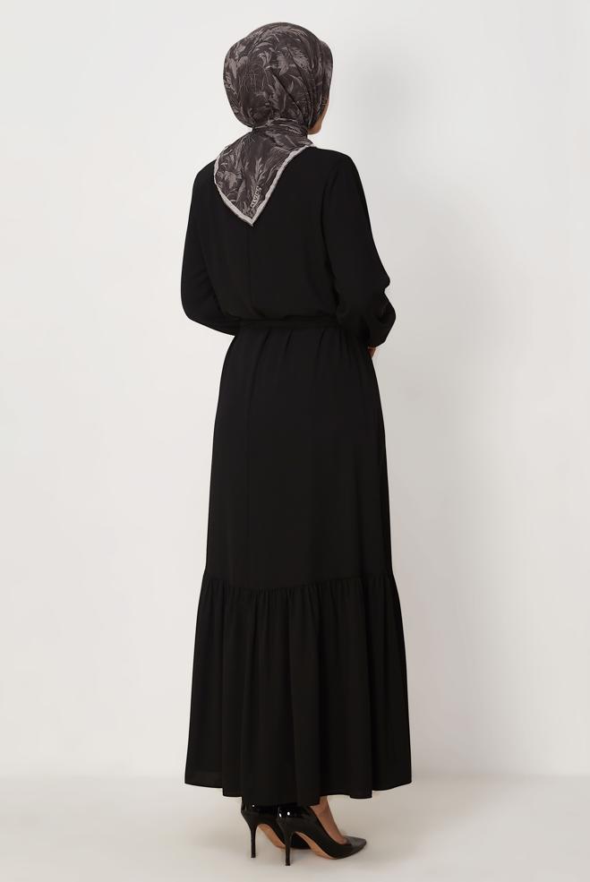 Hijab-Kleidung SCHWARZ ABAYA MIT GÜRTEL 80159 - ALVİNA