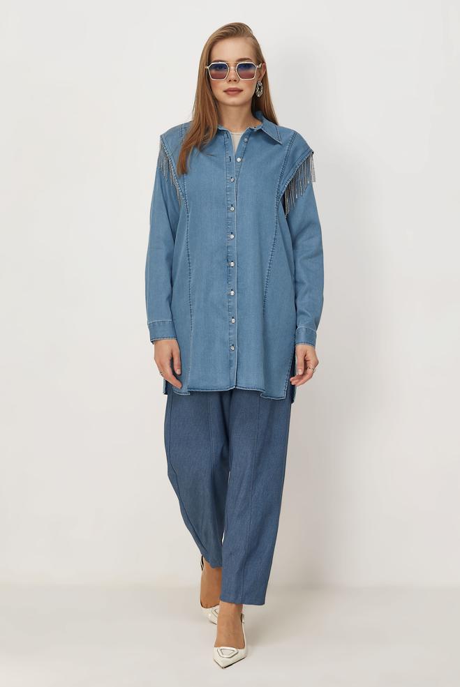 Hijab clothing BLUE ELASTIC WAIST CARROT-CUT PANTS 70960 - ALVİNA