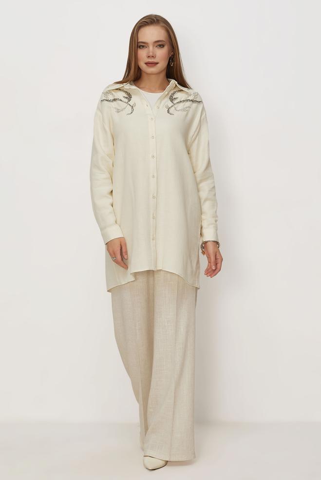 Hijab clothing BEIGE LINEN WIDE LEG PANTS 70986 - ALVİNA
