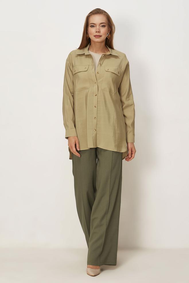 Hijab clothing KHAKI LINEN WIDE LEG PANTS 70986 - ALVİNA