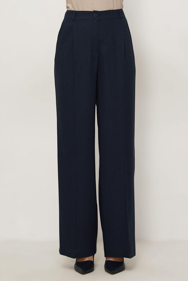 Hijab clothing NAVY BLUE LINEN WIDE LEG PANTS 70986 - ALVİNA