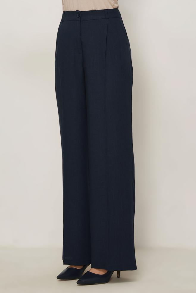 Hijab clothing NAVY BLUE LINEN WIDE LEG PANTS 70986 - ALVİNA