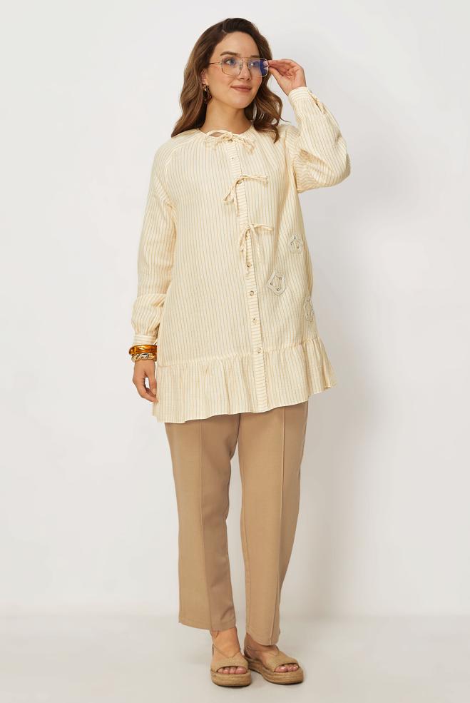 Tesettür giyim KAHVE BELİ LASTİKLİ KETEN PANTOLON 71002 - ALVİNA