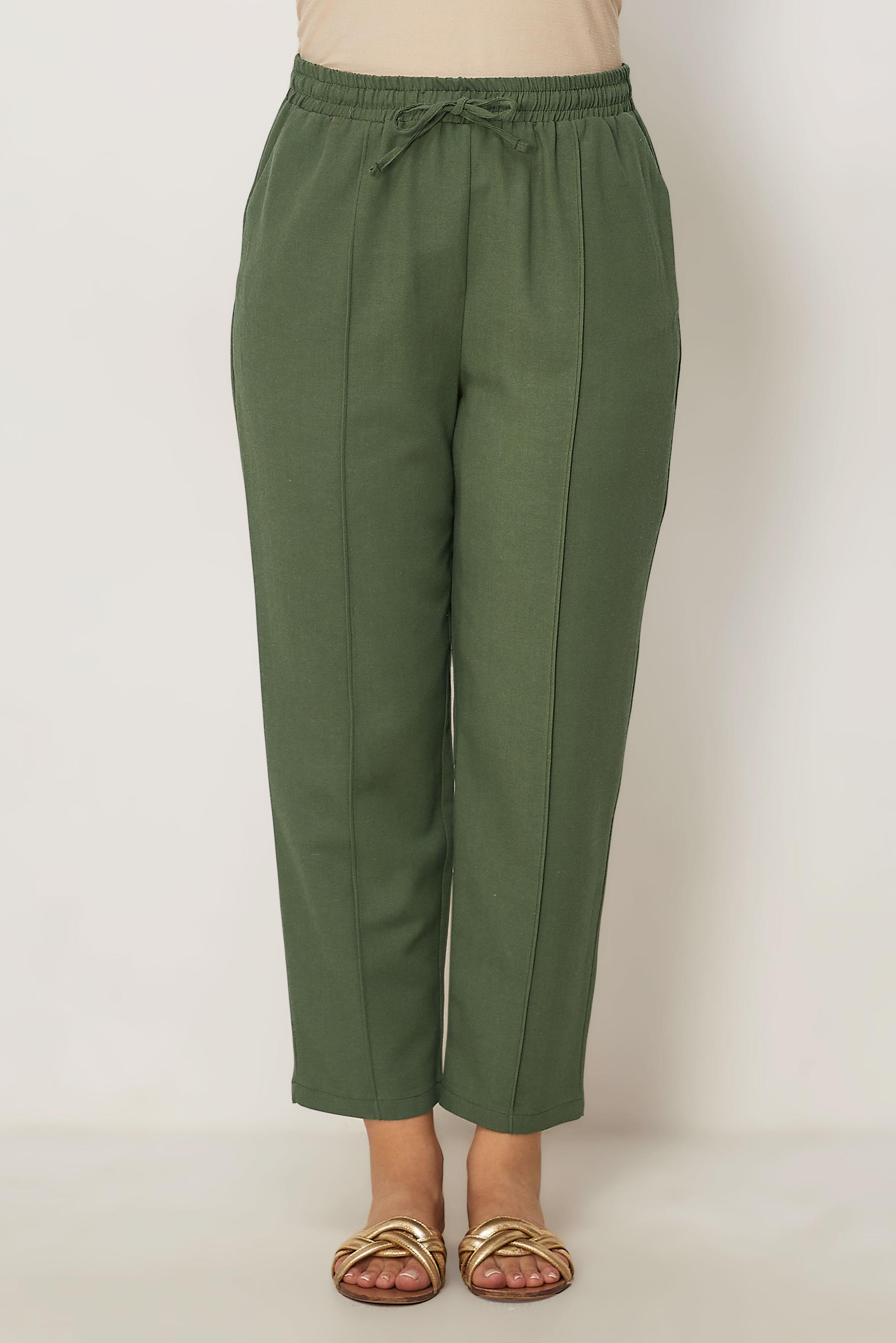 Tesettür giyim HAKİ BELİ LASTİKLİ KETEN PANTOLON 71002