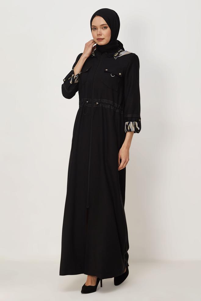 Hijab clothing BLACK HOODED TOPCOAT 11005 - ALVİNA