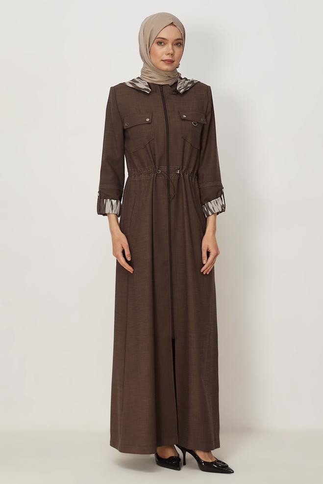 Hijab clothing BROWN HOODED TOPCOAT 11005 - ALVİNA