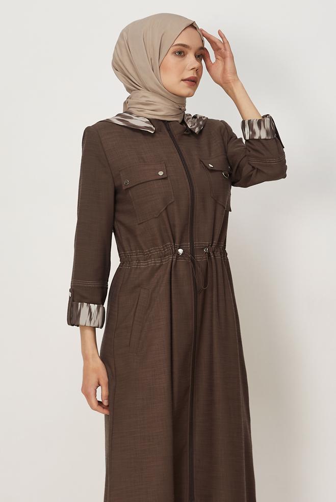 Hijab clothing BROWN HOODED TOPCOAT 11005 - ALVİNA
