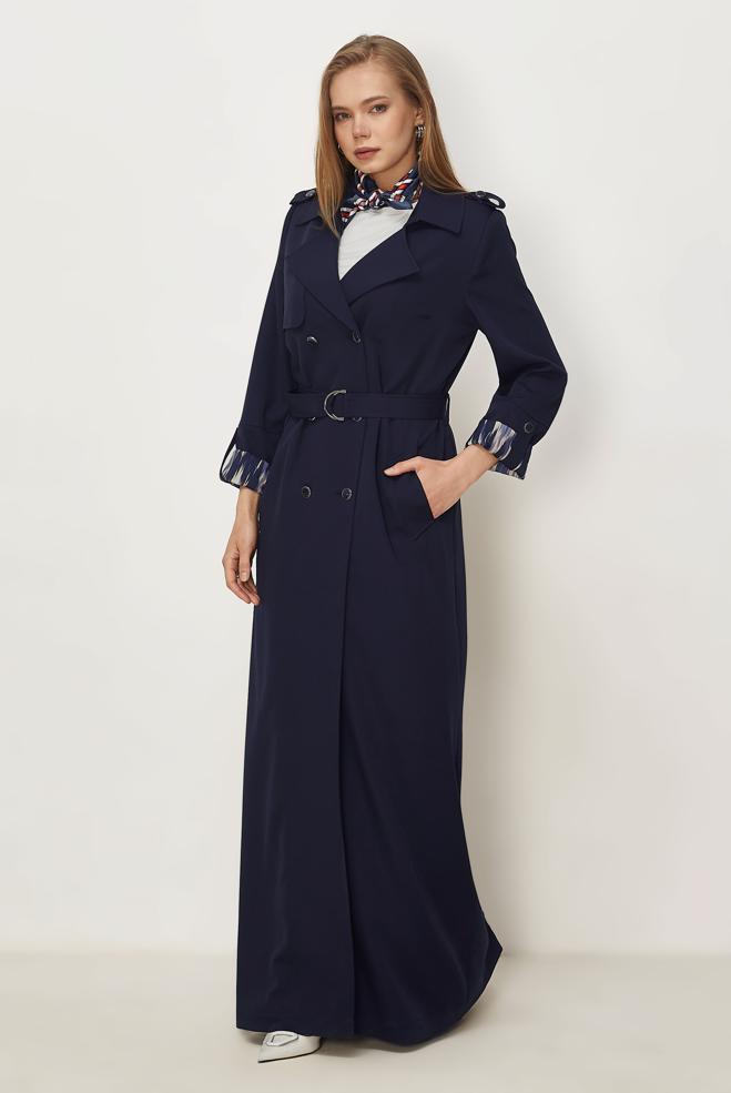 Hijab clothing NAVY BLUE BELTED TOPCOAT 11006 - ALVİNA
