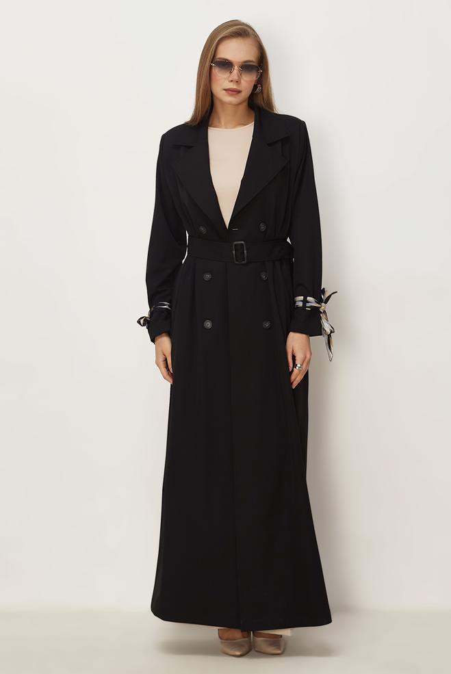 Hijab clothing BLACK SCARF DETAILED BELTED TOPCOAT 11007 - ALVİNA