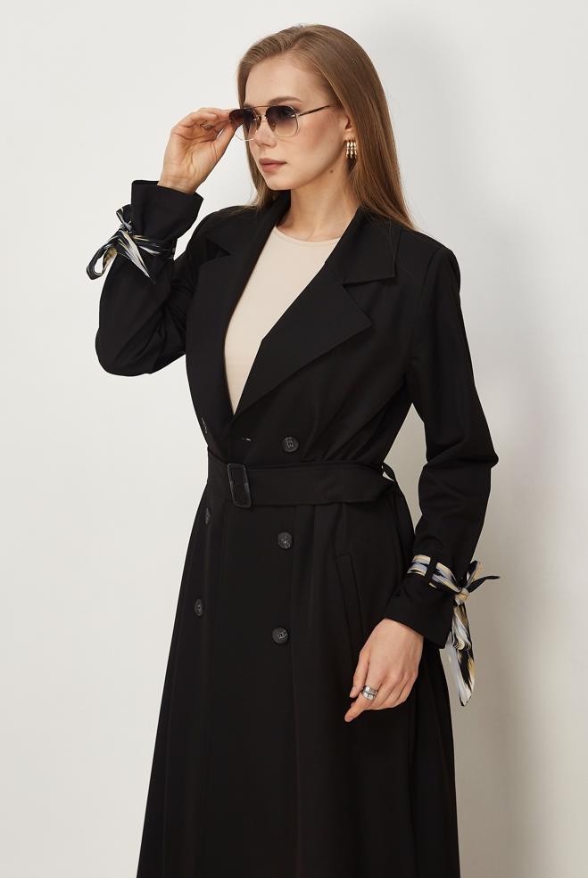Hijab clothing BLACK SCARF DETAILED BELTED TOPCOAT 11007 - ALVİNA