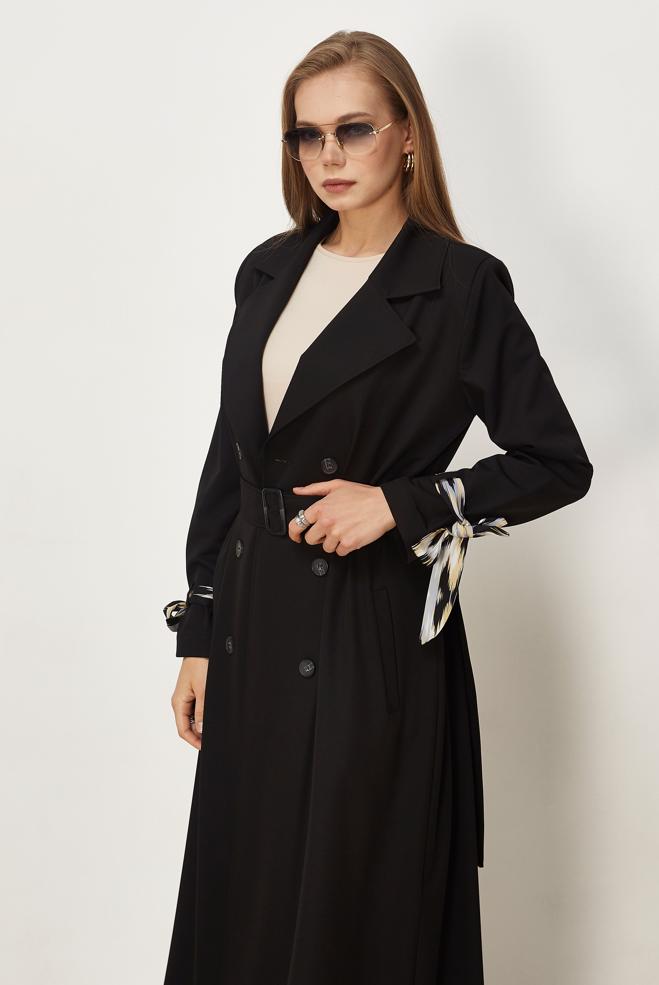 Hijab clothing BLACK SCARF DETAILED BELTED TOPCOAT 11007 - ALVİNA