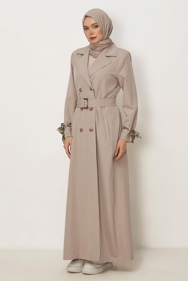 Hijab clothing BEIGE SCARF DETAILED BELTED TOPCOAT 11007 - ALVİNA