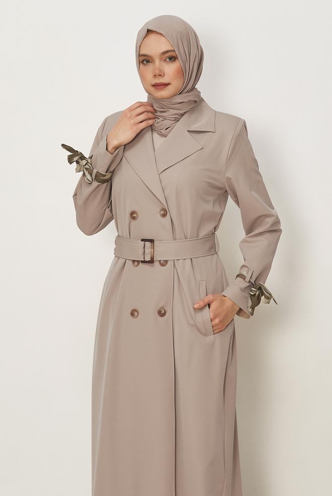 Hijab clothing BEIGE SCARF DETAILED BELTED TOPCOAT 11007 - ALVİNA