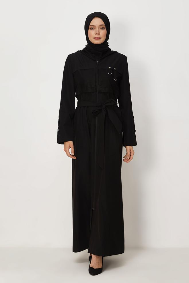 Hijab clothing BLACK BELTED TOPCOAT 11008 - ALVİNA
