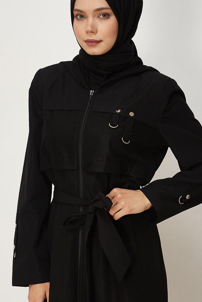 Hijab clothing BLACK BELTED TOPCOAT 11008 - ALVİNA