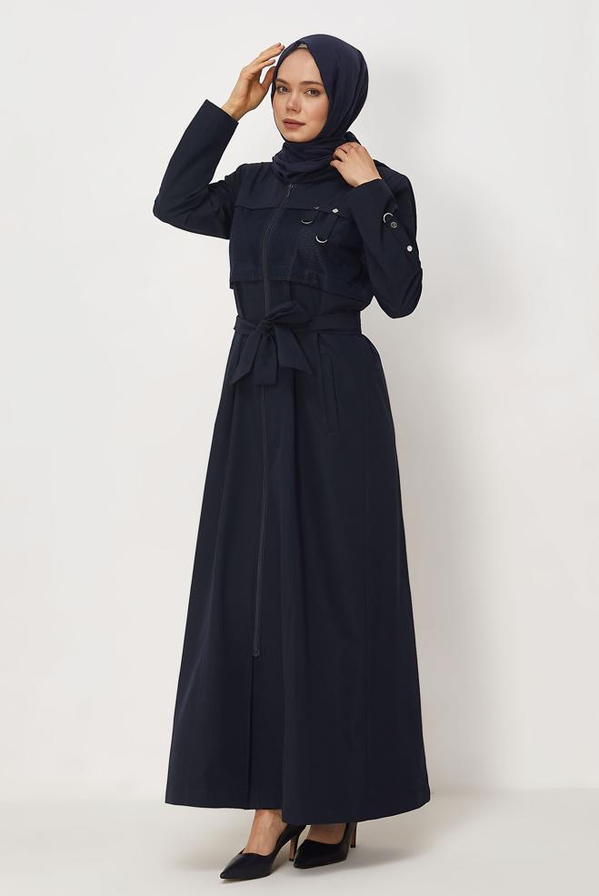 Hijab clothing NAVY BLUE BELTED TOPCOAT 11008 - ALVİNA