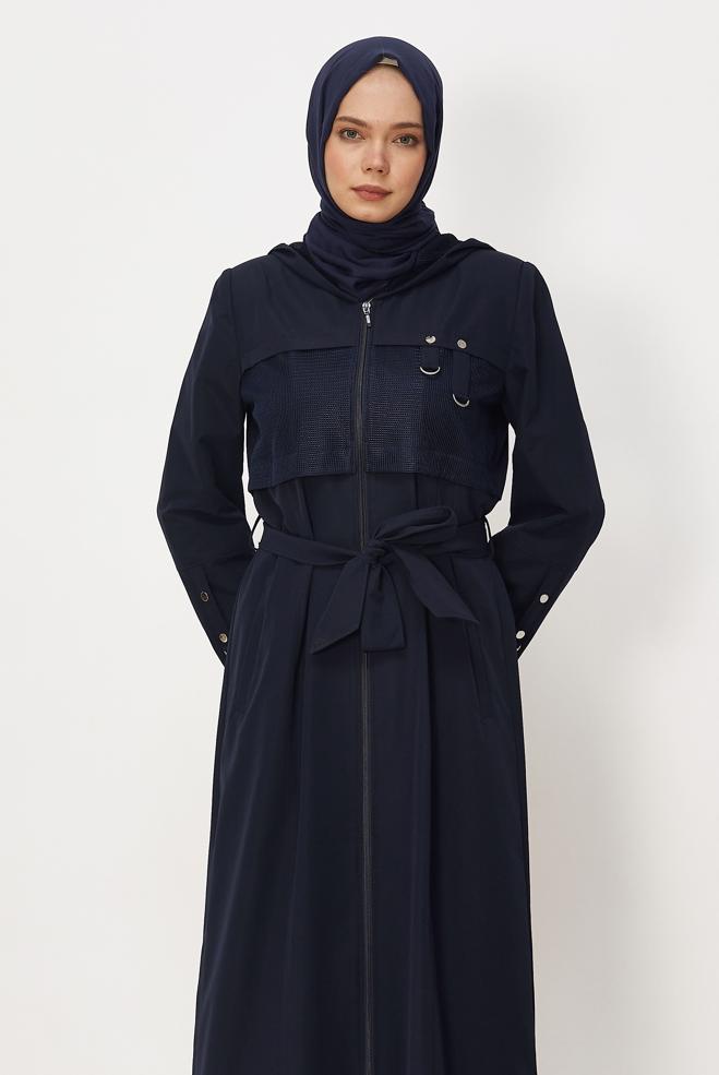 Hijab clothing NAVY BLUE BELTED TOPCOAT 11008 - ALVİNA