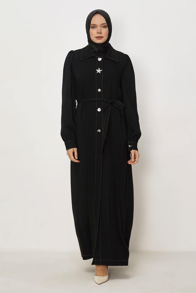 Hijab clothing BLACK BELTED TOPCOAT 11011 - ALVİNA