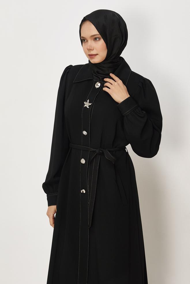 Hijab clothing BLACK BELTED TOPCOAT 11011 - ALVİNA