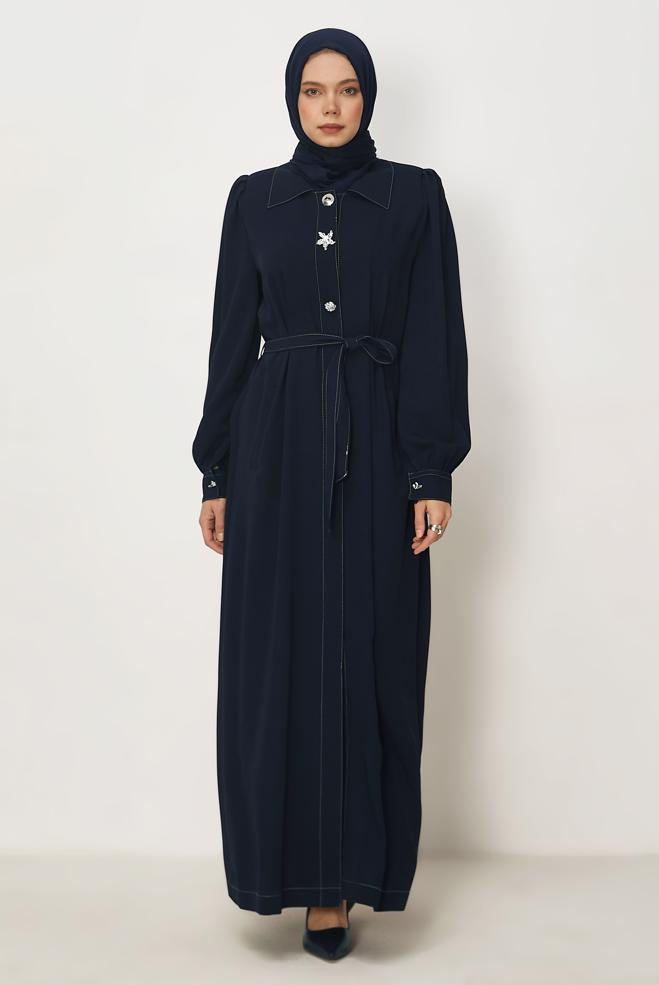 Hijab clothing NAVY BLUE BELTED TOPCOAT 11011 - ALVİNA